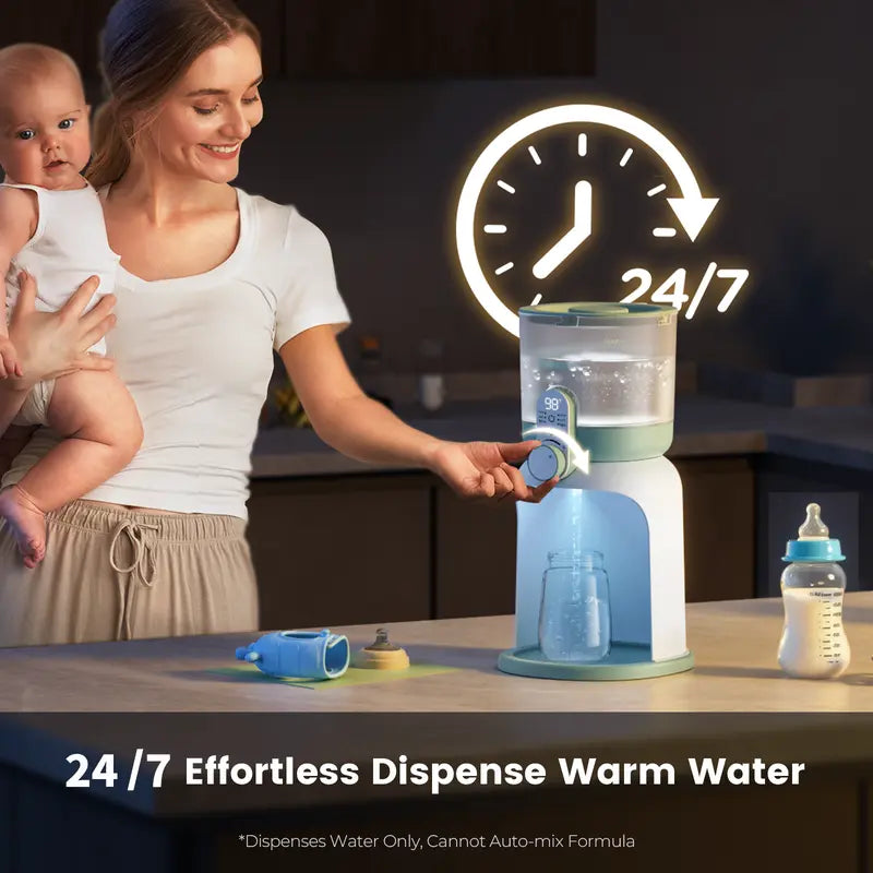 Parent using the Aelvra water dispenser at the kitchen counter