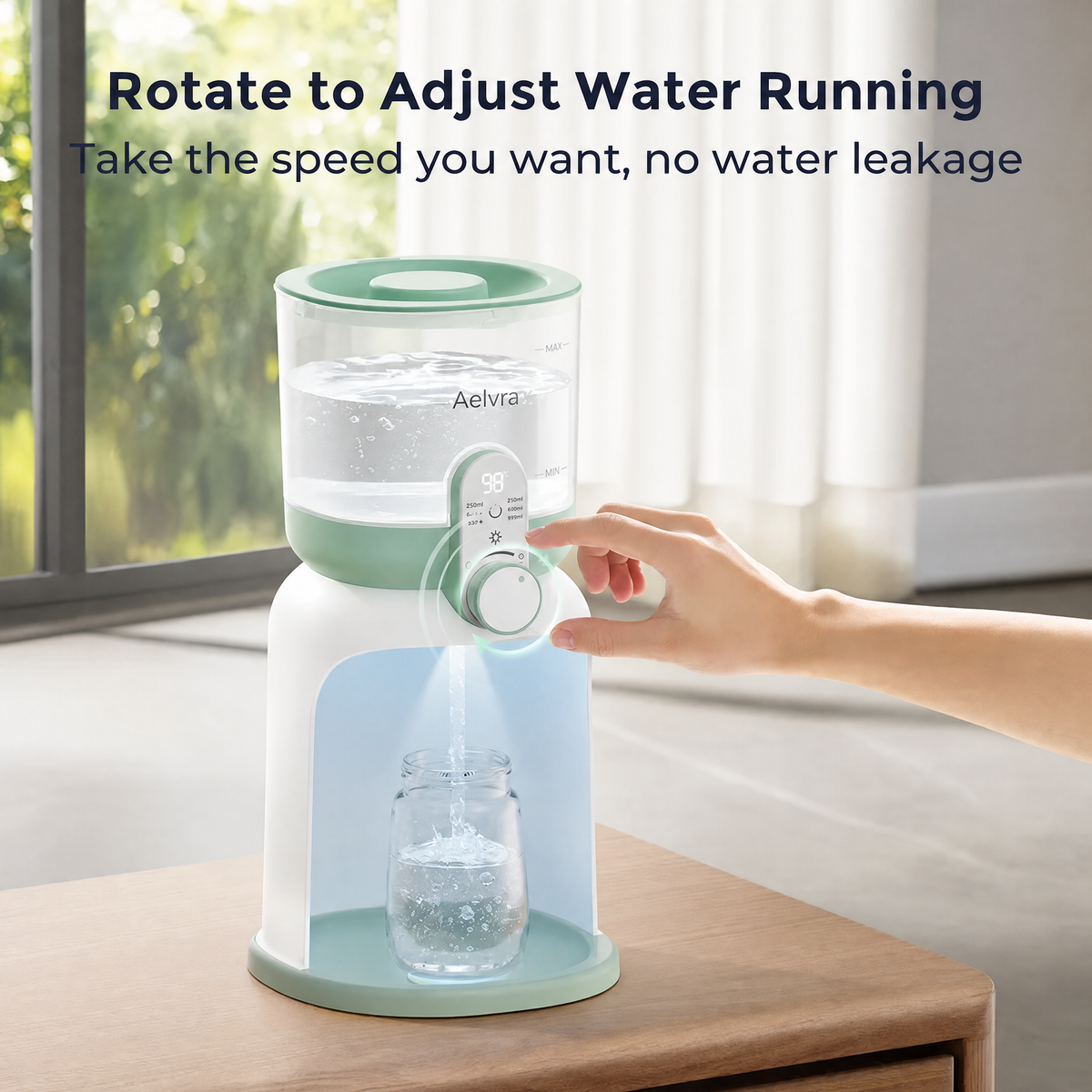 Control knob dispensing water into a bottle