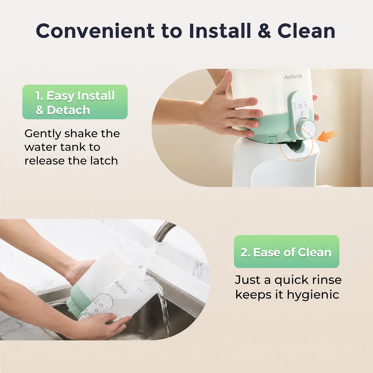 Detachable tank and cleaning access on the Aelvra warmer
