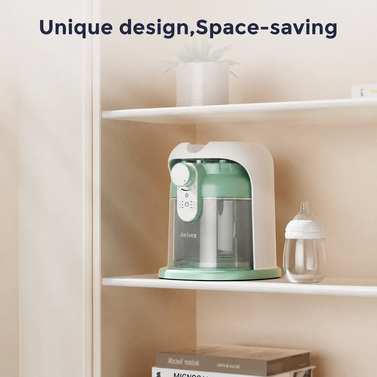 Sage green Aelvra warmer on a shelf