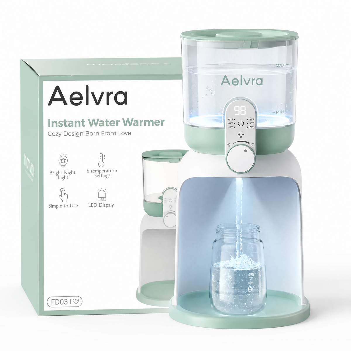 Aelvra Instant Baby Bottle Warmer with sage green accents