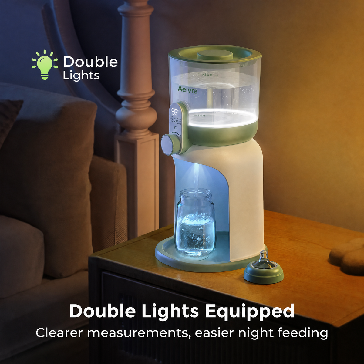Aelvra water warmer with both lights illuminated
